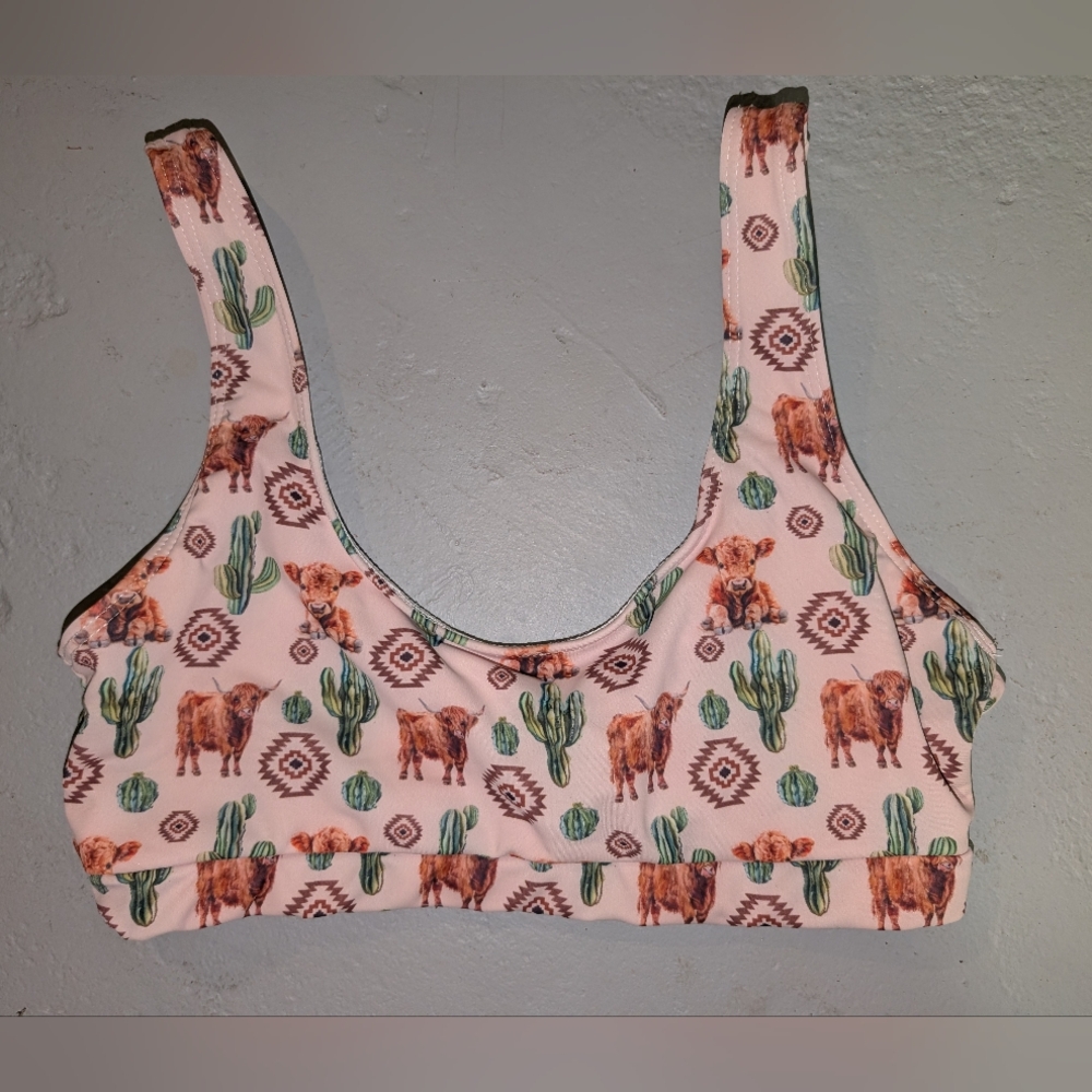 🌵🐮Cactus & Highland Cow Print Bikini Set with Green Pants (Like New!) - Picture 2 of 15